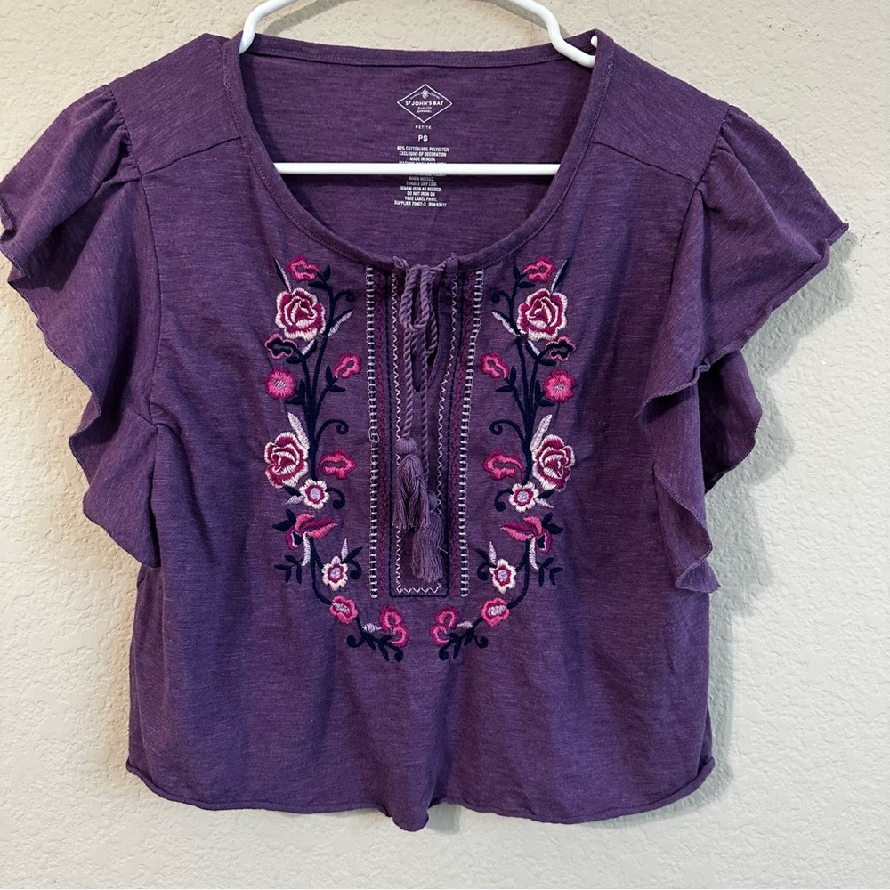 St. John’s Bay Top Purple Embroidered Floral Tie Front Tassels Ruffle Cap Sleeve